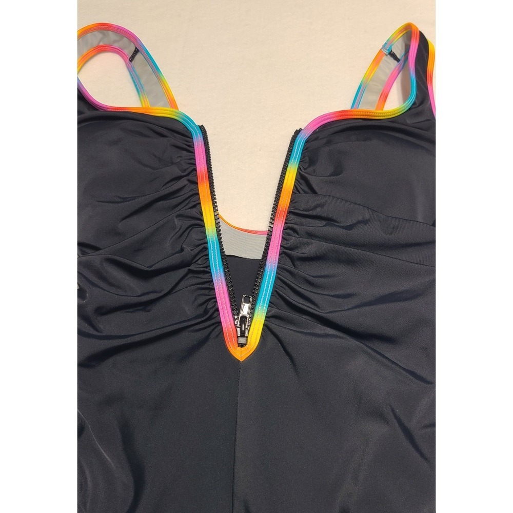ShapeSolver Sport Mimi Flamingo Black Rainbow Zip Front One Piece Swimsuit 6 NEW - Picture 4 of 9